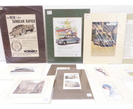 A good selection of 19th century mounted engravings and four 1960s motor car advertisements - all in their shop cellophane:7 