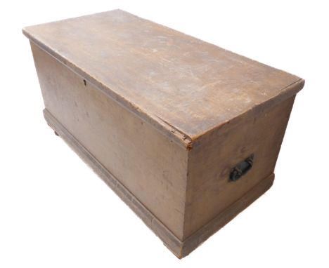 A 19th century painted pine trunk; the lid with strap hinges above two iron carrying handles and plinth base (later applied t