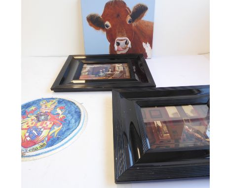A pair of 17th century style (later) Dutch ebonised colour interior prints, together with an unframed giclée print depicting 