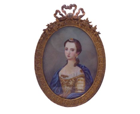 A late 19th / early 20th century&nbsp;portrait miniature&nbsp;signed 'Verné:&nbsp;female blue-eyed subject in her finery and 