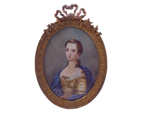 A late 19th / early 20th century&nbsp;portrait miniature&nbsp;signed 'Verné:&nbsp;female blue-eyed subject in her finery and 