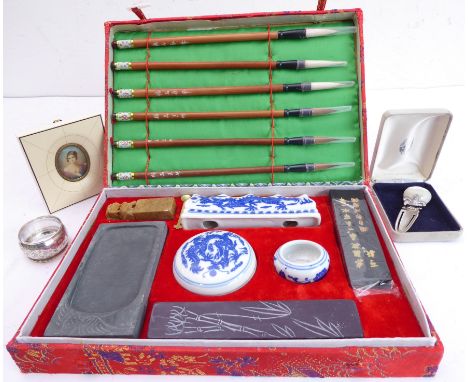 A small selection comprising&nbsp;a modern cased Chinese calligrapher's set, a cased sterling silver mounted and mother of pe