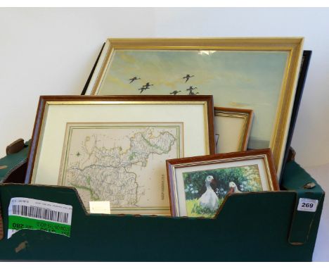 Various prints and engravings to include a signed PETER SCOTT print depicting geese in flight; a hand-coloured 19th century m