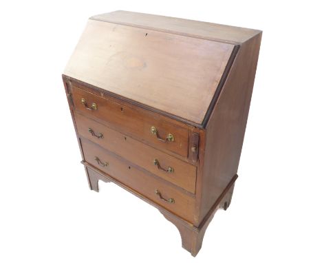 An Edwardian mahogany and satinwood crossbanded writing bureau; the fall opening to reveal pigeonholes and a small single cen