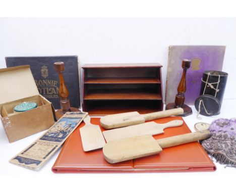 An interesting selection to include a desk blotter, a wooden stationery rack, a pair of wooden candlesticks, a pair of butter