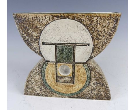 A large 1970s Troika pottery anvil shaped vase, with typical opposing geometric panelled stylised decoration, painted mark ve