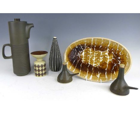 A collection of principally 1960s studio pottery wares, to include; tall Denby monochrome coffee pot and cover, h.34cm; a sli