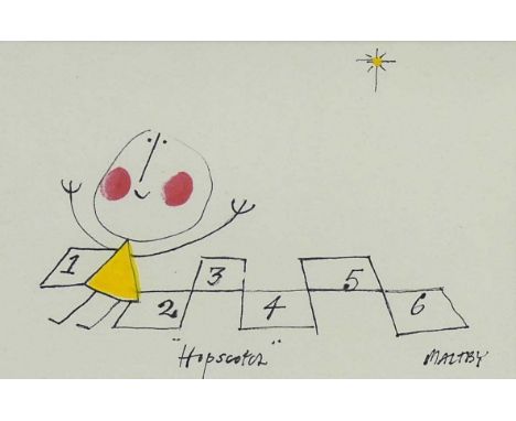 John Maltby (1936-2020) - Hopscotch (Christmas card), ink and watercolour on paper, signed 'MALTBY' lower right, inscribed 'C