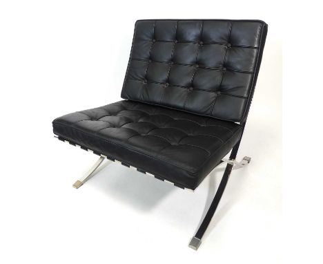 After Ludwig Mies van der Rohe - a 'Barcelona' chair, contemporary manufacture, flat-sided chrome with black leather buttonba