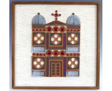 A 1960s Hornsea pottery framed Muramic plaque 'The Cathedral', housed on a painted hessian backing and teak frame, label vers