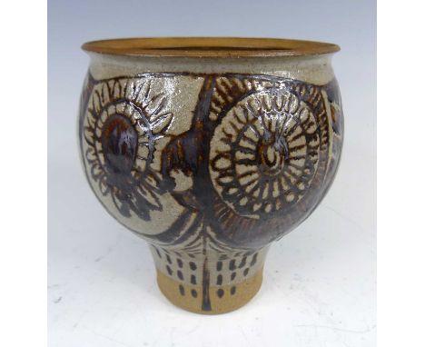 Michael Casson (British, 1925-2003) - a studio pottery owl vase, of upper bulbous form to tapering lower body, partially glaz