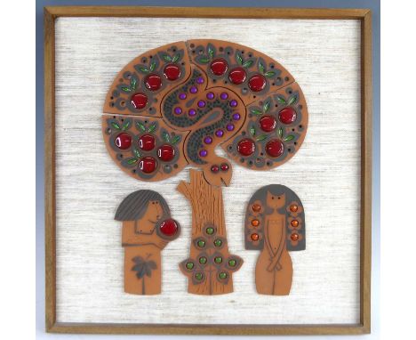A 1960s Hornsea pottery framed Muramic plaque 'Adam &amp; Eve in the Garden of Eden', housed on a painted hessian backing and