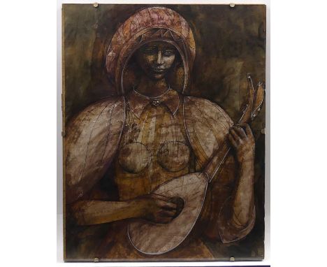 Peter Nuttall (1943-2011) - Woman playing a lute, watercolour, ink and pastel on paper, heightened with white, signed and dat
