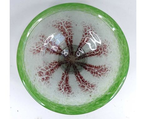 WMF - an Ikora heavy glass footed table bowl, of circular shallow form, the raised rim with green and rouge mottled inclusion