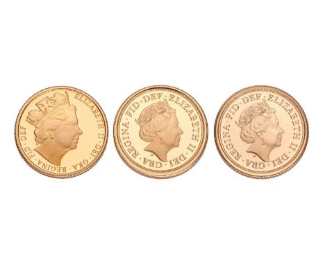 3x Elizabeth II, Proof Quarter Sovereigns, 2016 with Butler portrait of The Queen, 2018 with special 65th anniversary privy m