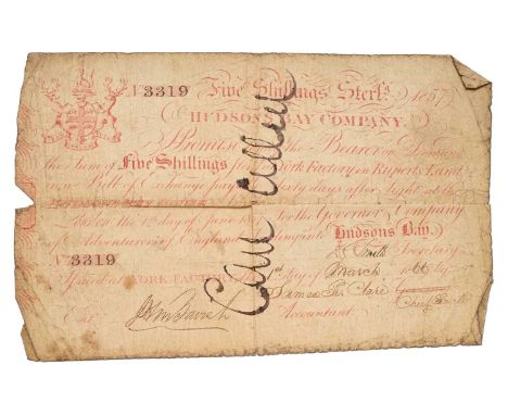 Canada, Hudson's Bay Company Promissory Note, Five Shillings 1857, serial no. 3319 signed in London on 1st June 1857 by W.G. 