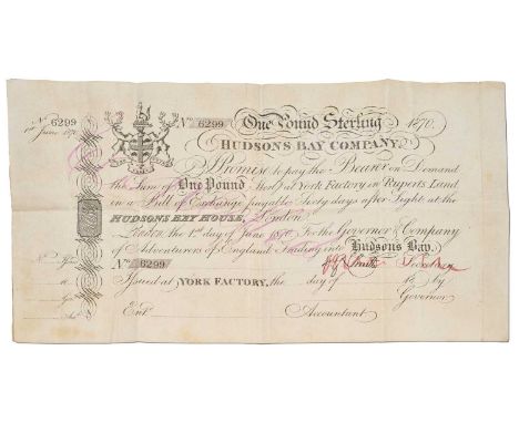 Canada, Hudson's Bay Company Promissory Note, One Pound 1870, serial no. 6299, unissued remainder note with counterfoil, date