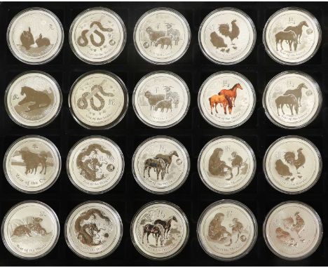 20x Australia 1oz Fine Silver Lunar Series Coins; to include 2008 year of the mouse, 2009 ox, 2010 tiger, 2011 rabbit, 2x 201