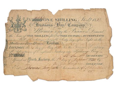 Canada, Hudson's Bay Company Promissory Note, One Shilling 1832, serial no. 2168 signed in London on 24th May 1832 by Wm Smit