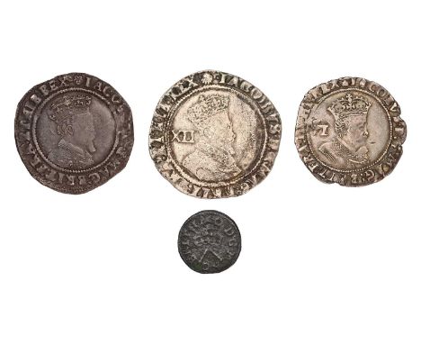 4x James I Coins, comprising: shilling, second coinage, 5.06g, mm. escallop, fourth bust (S.2655), fine/good fine; sixpence 1