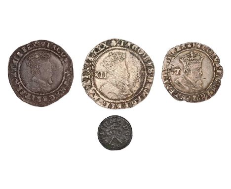 4x James I Coins, comprising: shilling, second coinage, 5.06g, mm. escallop, fourth bust (S.2655), fine/good fine; sixpence 1