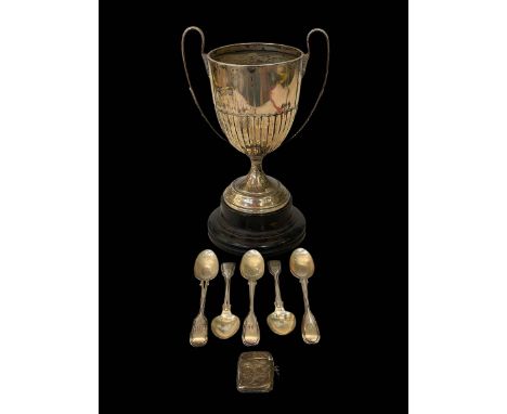 Silver trophy cup, Chester 1920, five silver teaspoons, and silver vesta (3).