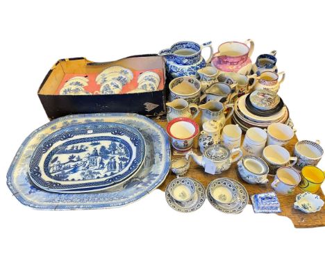 Collection of early Victorian pottery including Sunderland lustre wares notably a Henry Hunt Corn Bill jug, meat plates, Prat