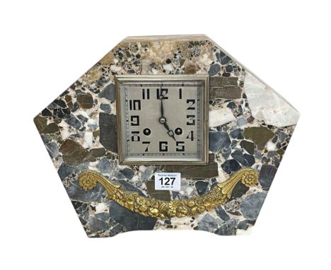 Art Deco style marble mantel clock, 26cm high.
