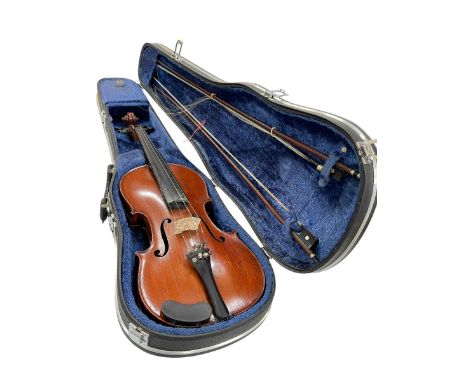 Violin with bow in case, Francois Barzoni, Bear & Fils a Londres and a music stand. 