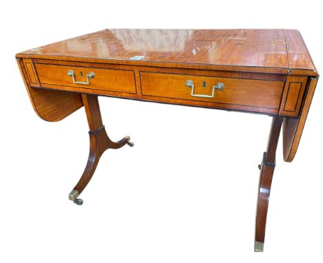 William Tillman two drawer backgammon sofa table with sliding reversible chess board top, 75cm by 94cm by 58.5cm.