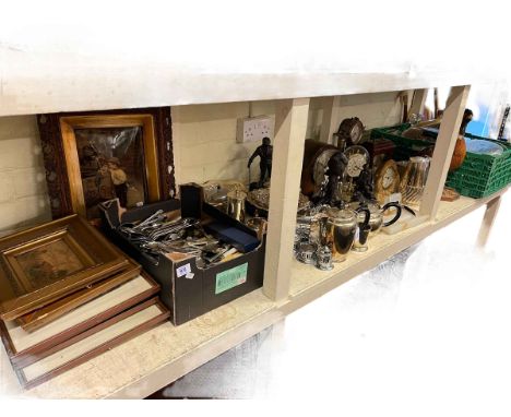 Collection of metalwares, taxidermy pheasant, glass, mantel clock, prints, plant stand, walking sticks, etc.