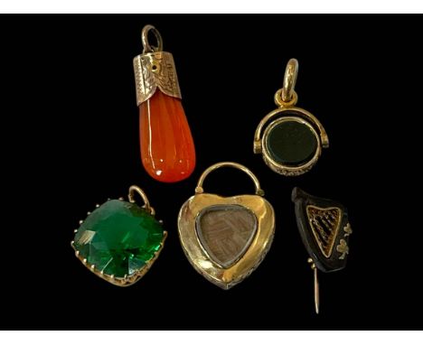Gold mourning locket, harp brooch, two pendants and swivel fob (5).