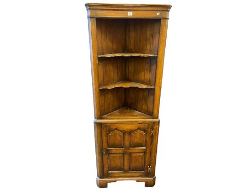 Oak open topped standing corner cabinet, carved walnut box seat and oak twist column standard lamp (3).