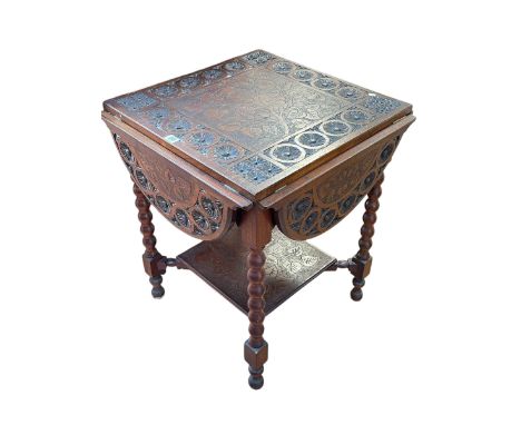 Carved quadruple drop leaf occasional table on bobbin legs, 72cm by 60cm by 60cm.
