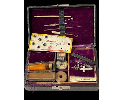 Edwardian sewing box, silver thimble, 9 carat gold mounted cigar holder, mother of pearl cross, etc.