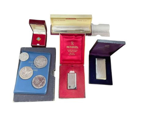 1937 highly polished crown, 1900 Morgan silver dollar, Litz Long propelling pencil, two Ronson lighters, Opal tie pin etc.