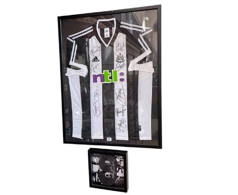 Framed Newcastle United football team shirt. Together with Alan Shearer No. 9, re printed photographs and a signed Bobby Robs
