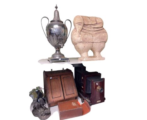 J T Chapman Ltd magic lantern slide machine, samovar, coal scuttle, cloth maps in leather case, stone sculpture, etc.