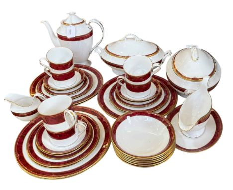 Collection of Spode Bordeaux tableware including two tureens, coffee pot, gravy boat and saucer and six piece setting of plat
