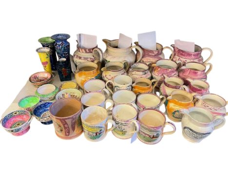 Collection of Sunderland lustre ware pottery including large jugs, frog mugs, Maling lustre, etc.