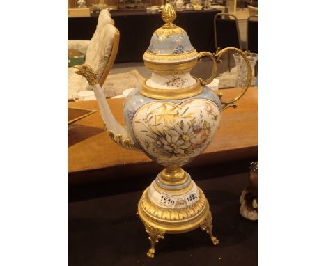 Large gilt mounted hand painted ceramic tea pot with hand painted flower decoration A/F