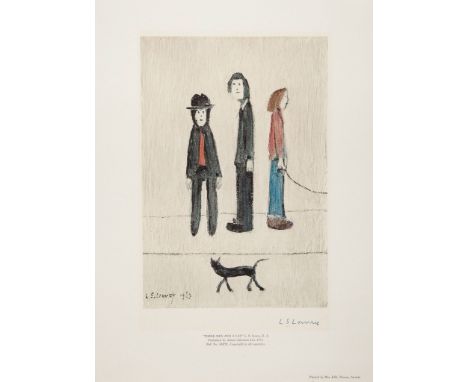 Laurence Stephen Lowry (1887-1976)(after) - Three Men And a Cat offset lithograph printed in colours, signed in blue biro, wi