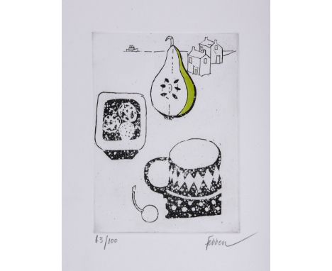 Mary Fedden (1915-2012) - Untitled etching with hand-colouring in watercolour, signed in pencil, numbered 63/100, on wove pap