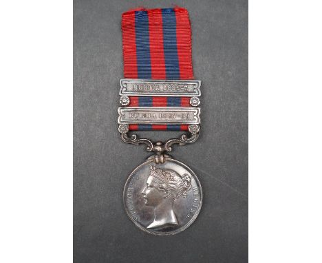 A Victorian Indian General service medal with two bars for Burma 1885-7 and Burma 1887-89 awarded to 1692 Pte W James 2d Bn H