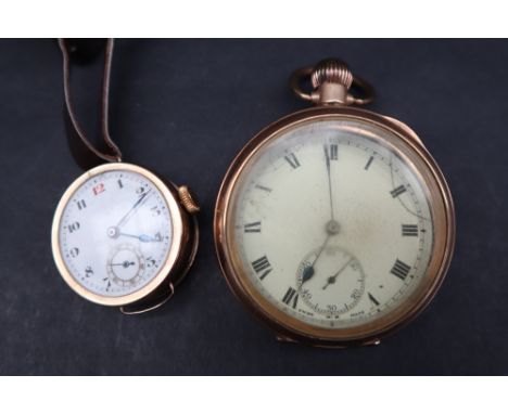 A gentleman's 9ct gold wristwatch, with a circular enamel dial, seconds subsidiary dial on a leather strap, together with a g