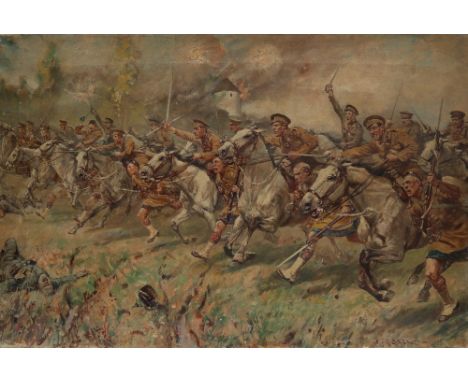 J R Skelton"Charge of the Scots Greys and the Black Watch, St Quentin Jan 1917"Oil on canvasSigned inscribed verso50.5 x 76cm