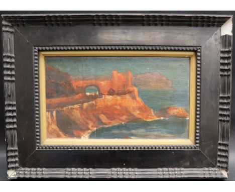 Christopher Williams (1873-1934)A seascape with a road and bridge cut from the mountainOil on boardUnsigned11.5 x 20cm   COND
