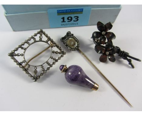 Victorian mourning stick pin set with diamonds and two diamond brooches