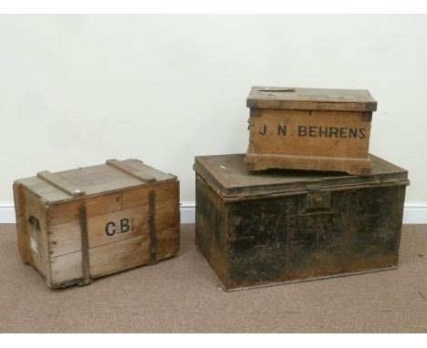 Small 19th century pine blanket box stamped J. N. Behrens, pine box and a tin trunk