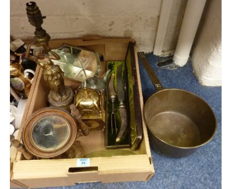 Carving set with horn handles(cased), lantern clock, figural table lamp base and other collectors items in one box